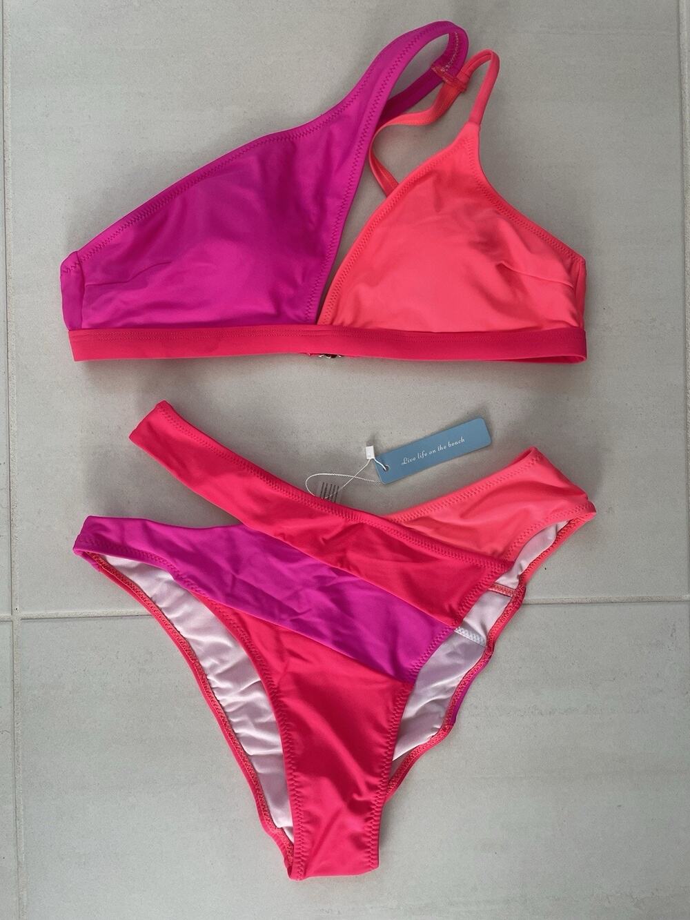 Popvil Swim Bikini Set Colorblock Asymmetric Swimwear Beach Summer